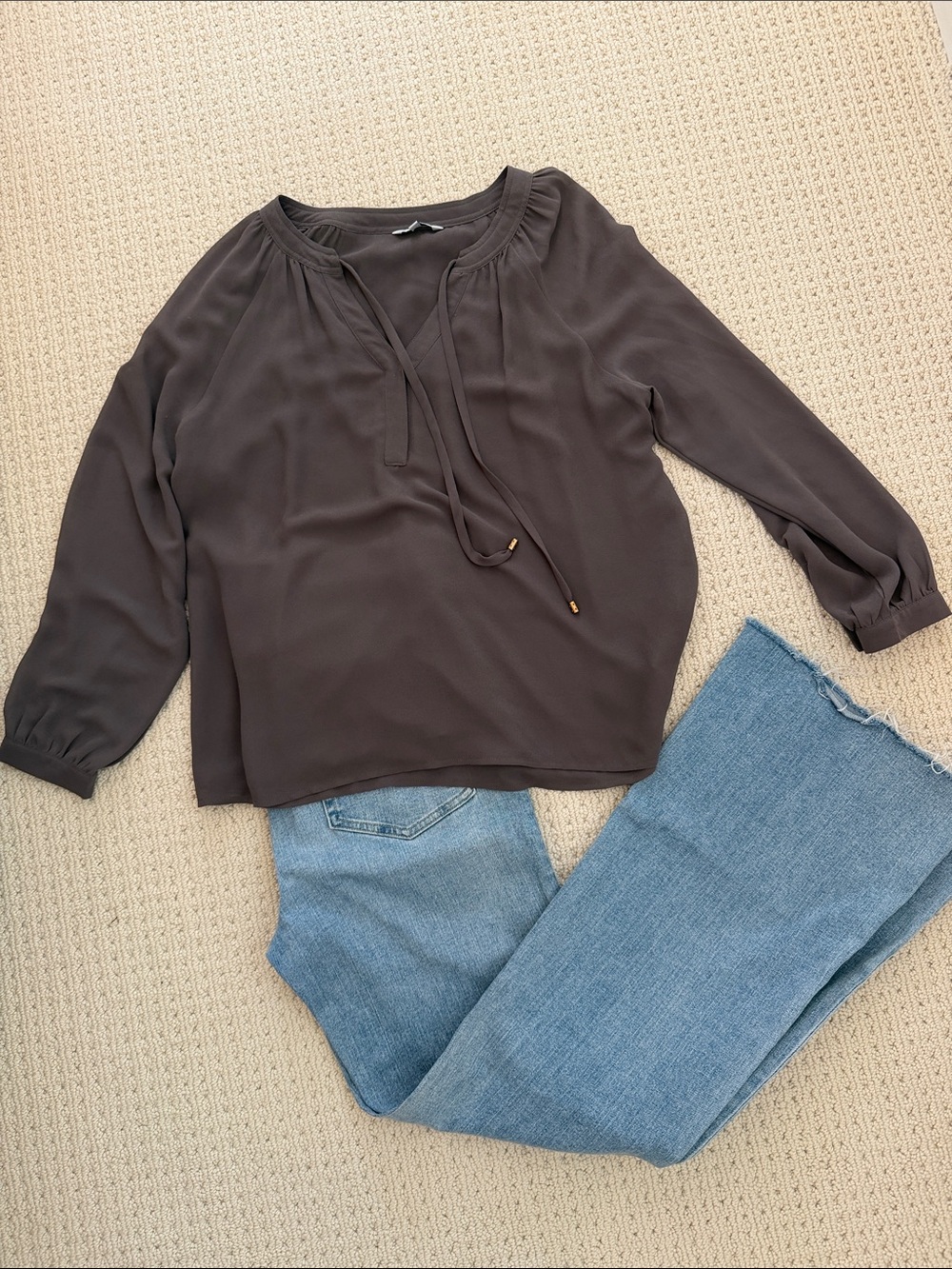 Naked Zebra Charcoal Gray Tie-Neck Peasant Blouse